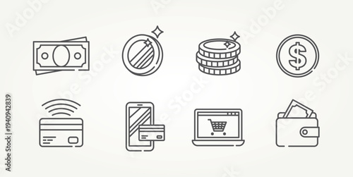 minimalist set of finance line art icon logo vector illustration design. money, coin, online payment, credit card, and more