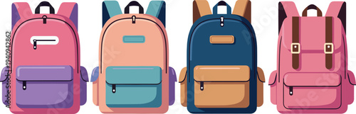 Colorful school backpack collection set with modern student bags in different styles isolated on light background flat vector illustration for education, travel, and back to school design