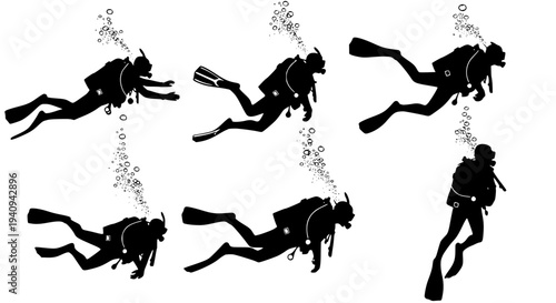 Underwater harmony: silhouettes of scuba divers in motion. Transparent background SVG version.