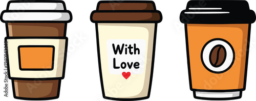 Cute cartoon coffee cups set illustration with takeaway cups, coffee bean symbol and with love message, flat hand drawn style isolated on light background