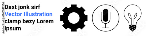 Technology, innovation, creativity, technical concepts, media, productivity. Gear, microphone and lightbulb icons alongside placeholder text. Technology and innovation through icons