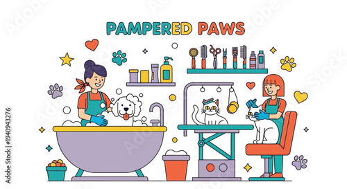 Professional dog groomers giving pets a bath and haircut in a salon