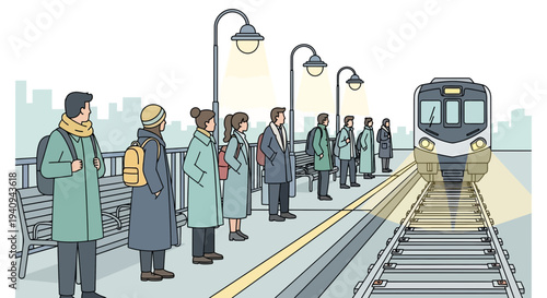 People Waiting For Train At Station Platform With Modern Train Arriving