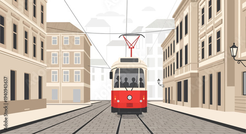 Vintage red tram on cobblestone street in old European city, cityscape illustration