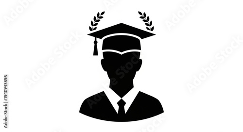 Silhouette of a graduate wearing a cap and gown with laurel wreath.