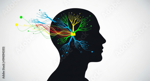 Silhouette of a human head with colorful branching neural network inside.