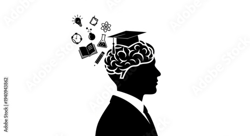 Silhouette of a man with a graduation cap on his brain.
