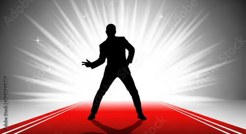 Silhouette of a person on a red carpet with bright lights.