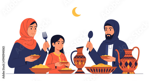 Muslim family iftar dinner breaking fast with dates and traditional food at home