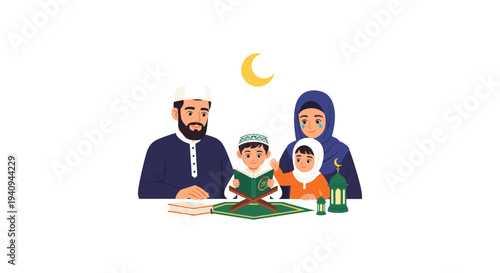 Muslim family reading Quran together at home with crescent moon decoration happy bonding