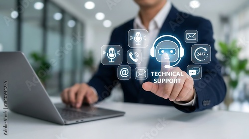 A businessman in a suit points at a holographic display showing 