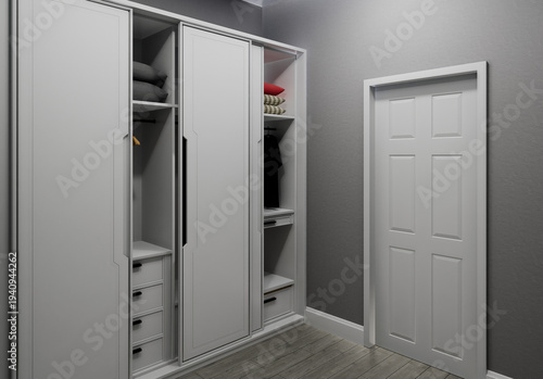 Photos Modern White Built-in Wardrobe with Sliding Doors in Minimalist Bedroom Interior