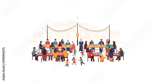 Diverse group of people celebrating outdoor party with string lights and festive decorations