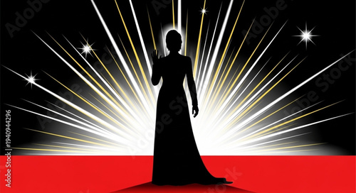 Silhouette of a woman in a long dress on a red carpet with bright lights.