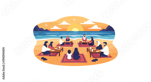 Diverse people relaxing on tropical beach at sunset with yoga and leisure activities
