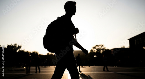 Silhouette of a young man with a backpack walking outdoors.