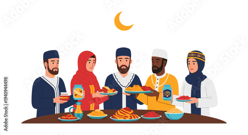 Diverse team celebrating iftar meal with traditional food under crescent moon