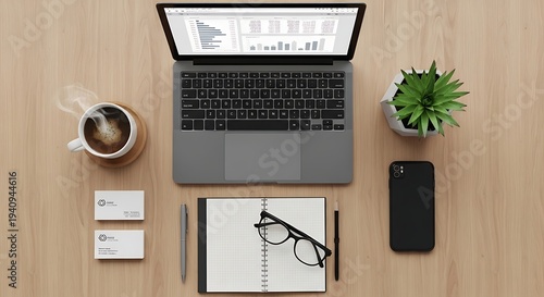 A cluttered desk with a laptop, coffee cup, business cards, notebook, glasses, phone, and plant from an aerial view.