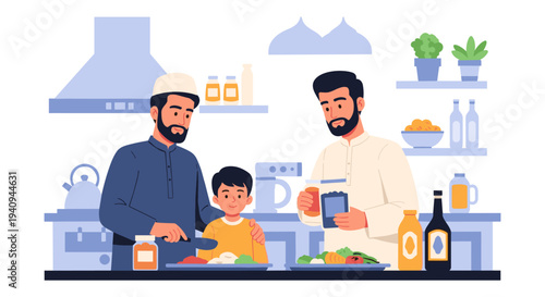 Happy family cooking together in modern kitchen with eco-friendly icons and fresh ingredients