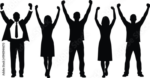 Business people silhouette team celebrating success with raised hands teamwork achievement concept corporate professionals vector illustration isolated on white