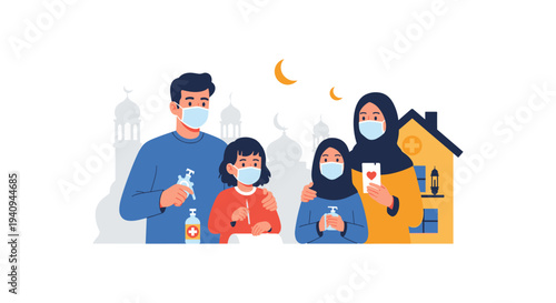Happy Muslim family wearing face masks holding house model and keys outdoors during pandemic