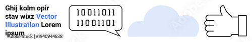 Technology, data security, communication, binary code, cloud computing, positive feedback. Binary speech bubble, cloud thumbs-up hand. Technology communication and data security concept