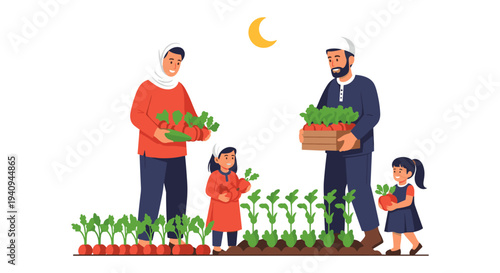 Happy family planting vegetables in garden with grandparents teaching sustainable farming