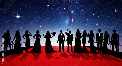 Silhouettes of elegant people on a red carpet under a starry night sky.