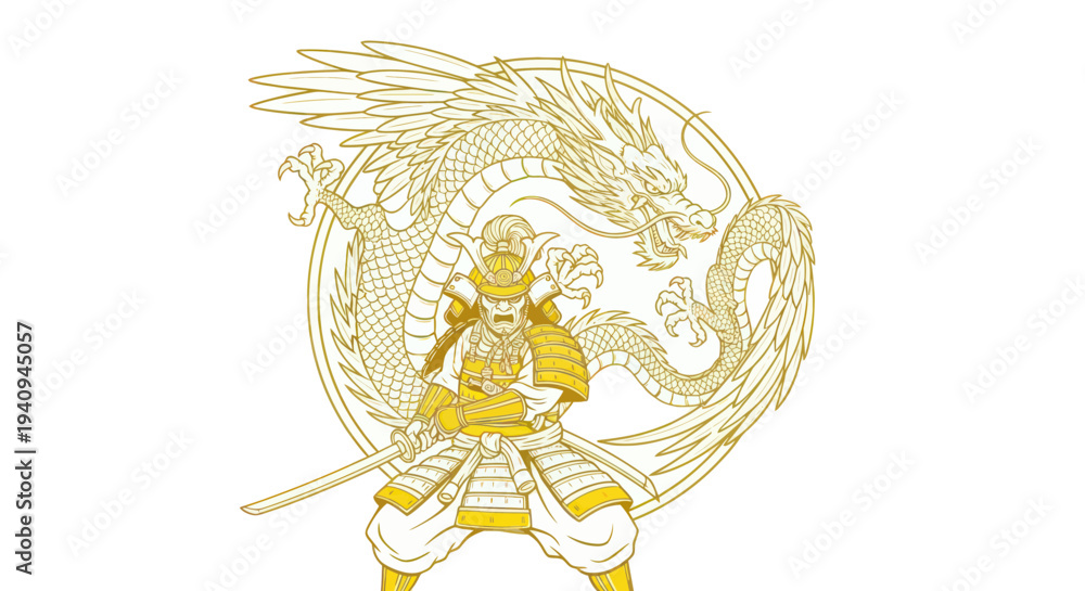 Fototapeta premium Samurai Warrior with Dragon Emblem, Japanese Warrior, Sword, Armor, Mythical Creature