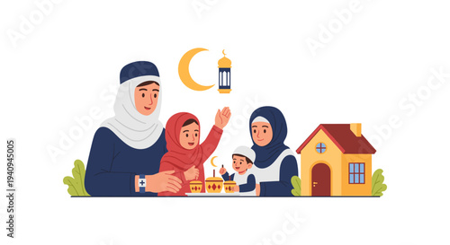 Muslim family celebrating Ramadan iftar with lantern and toy house illustration