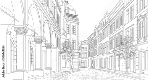 Sketch of an old European street with classical architecture.