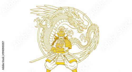 Samurai Warrior with Dragon Emblem, Japanese Warrior, Sword, Armor, Mythical Creature