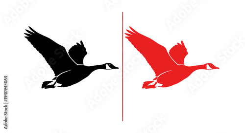 Two Geese Flying Silhouettes, Black and Red Contrast, White Background