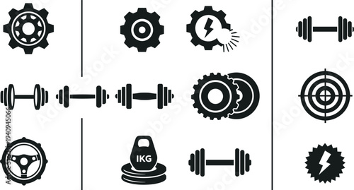 Gym and fitness equipment icons set including dumbbell kettlebell gear target and energy symbols solid vector illustration collection
