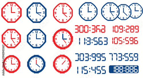 Collection of Analog and Digital Clocks, Time Measurement Icons