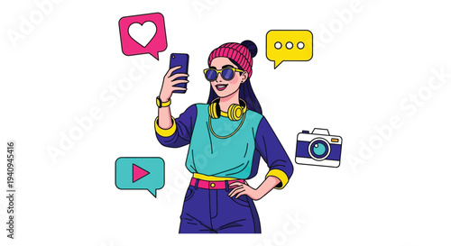 Young female content creator taking a selfie surrounded by social media icons and digital media symbols