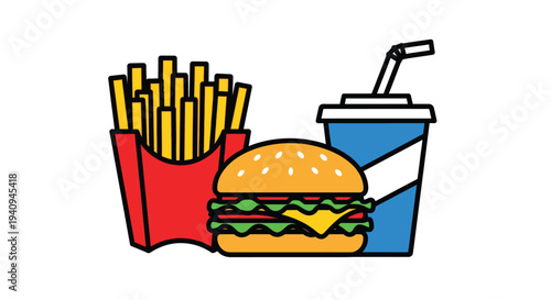 Simple cartoon graphic illustration of a classic fast food combo meal including burger fries and soda