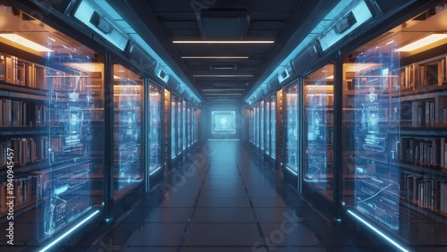 A futuristic library corridor with glowing digital holograms displayed between rows of traditional bookshelves, blending technology and knowledge.