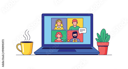 Remote work collaboration with a diverse team on a laptop video conference call.