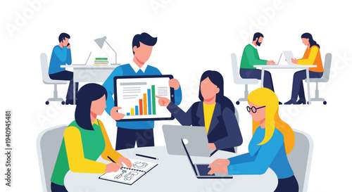 Diverse business professionals collaborating on a project and analyzing data in a modern office environment.