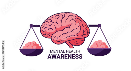 Balancing the human mind and brain health on a symbolic purple scale for awareness campaigns