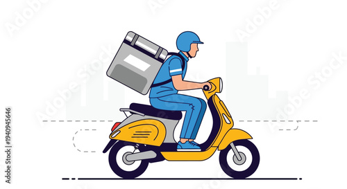 Delivery courier on a yellow scooter transporting a large package through a modern city environment