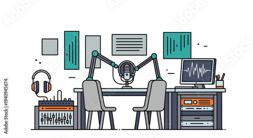 Professional illustration of a modern two-person podcast recording studio setup with audio equipment