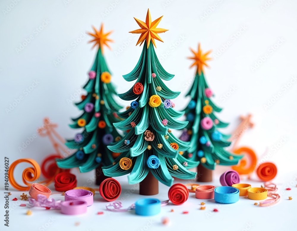 Fototapeta premium Quilled paper Christmas trees with colorful ornaments, stars stand on white surface. Crafting supplies like paper rolls, ribbons surround festive decorations. Winter holiday scene with handmade