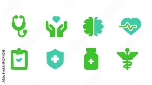 Modern healthcare icons including stethoscope, shield protection, heart health, medical bottle, and plant care.