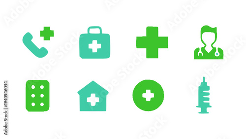 Minimal medical icons including emergency call, first aid kit, doctor profile, syringe, and hospital home.