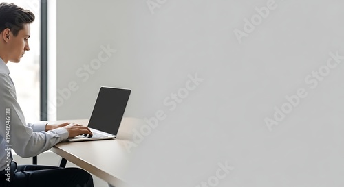 A man sitting at a desk uses a laptop computer indoors.