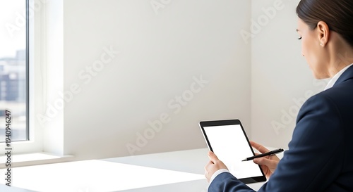 Businesswoman sitting by window using tablet and pen in office