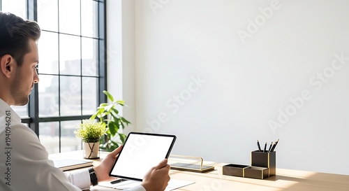 Man sitting at desk with tablet in hand looking out window
