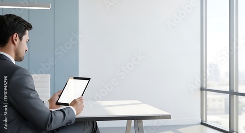 Businessman sitting with tablet in modern office looking outside window